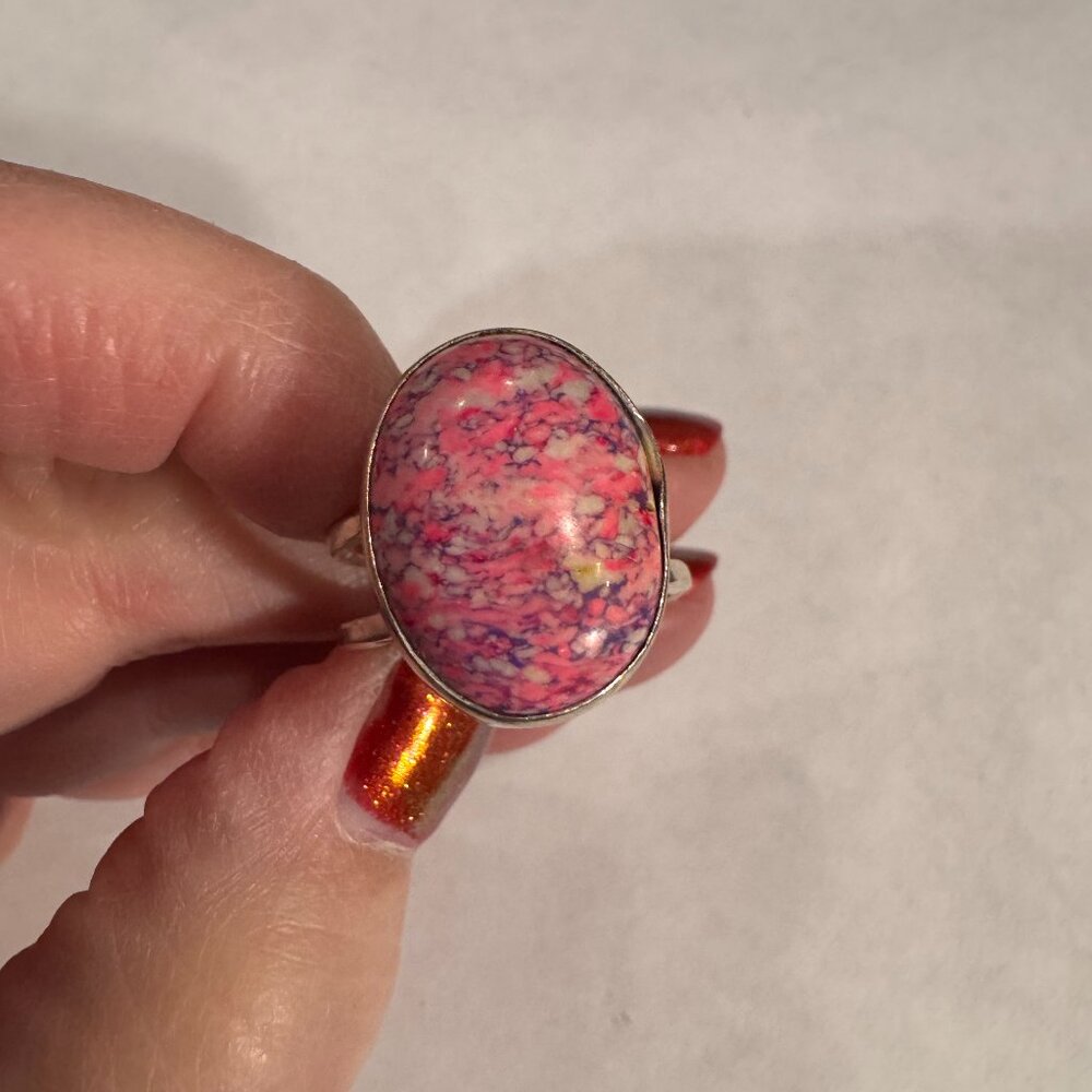 Statement Pink Stone Ring - Split Silver Band - image 1